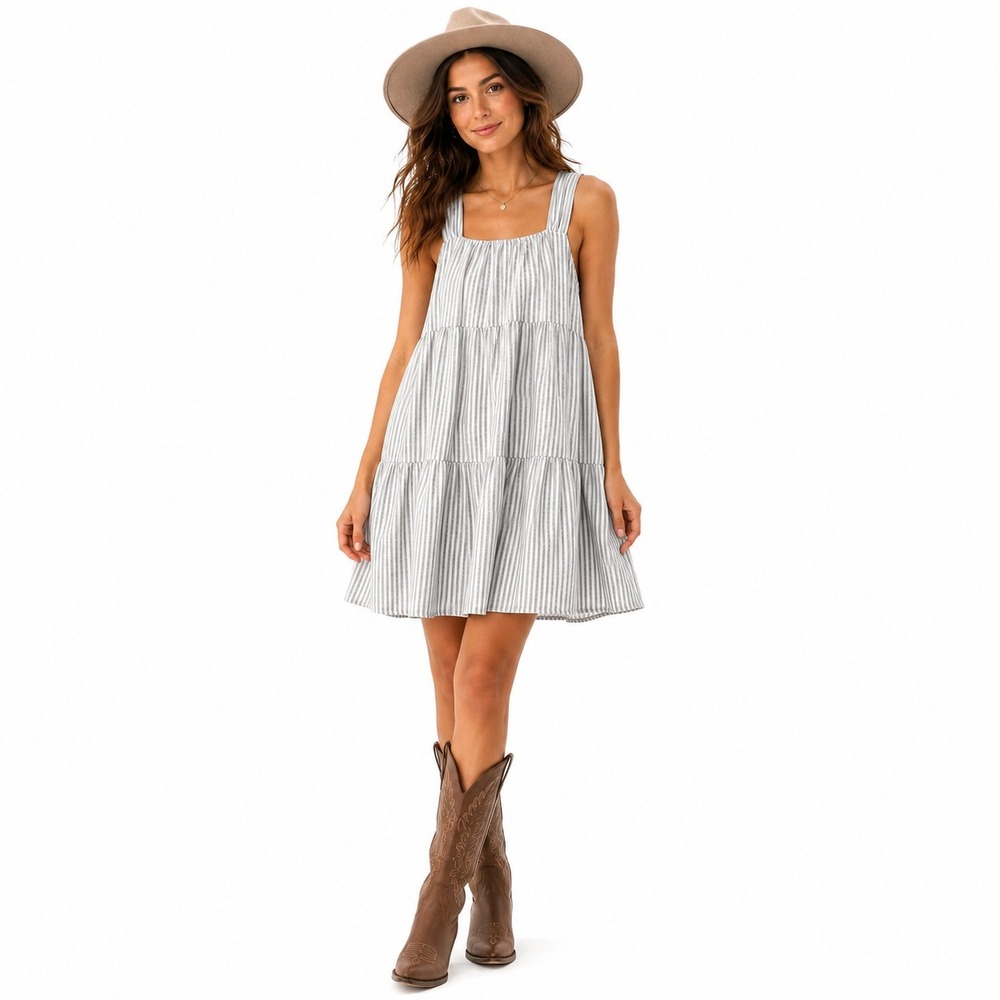 Andree by Unit Striped Tiered Babydoll Dress Tan White Boho Summer Mini Size M